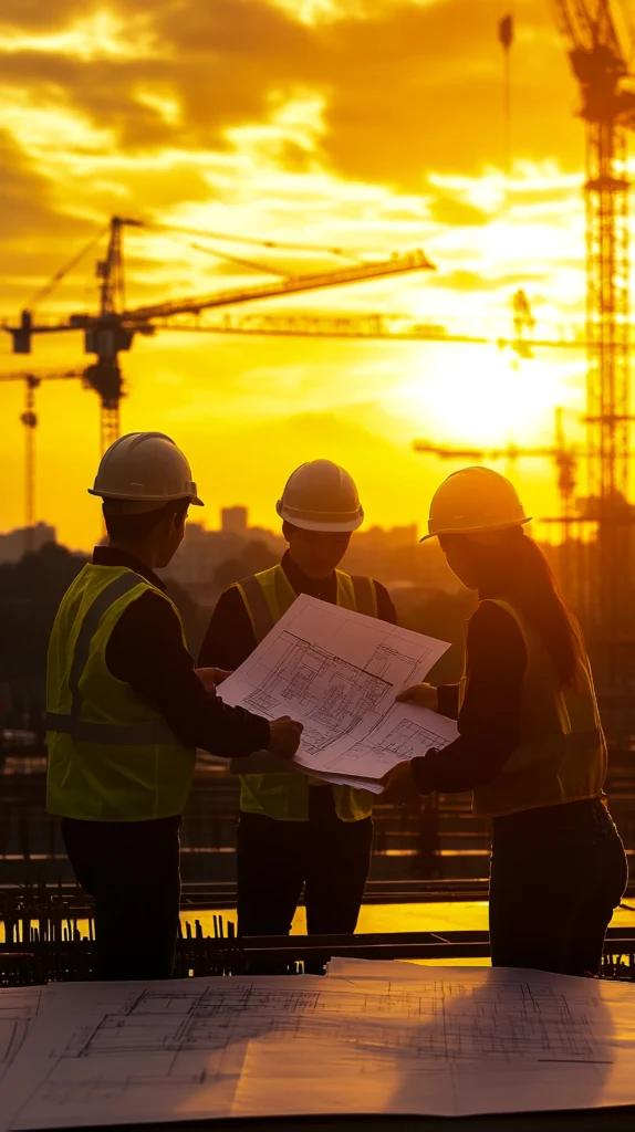 diverse-team-engineers-construction-workers-collaborating-project-plans-industrial-site