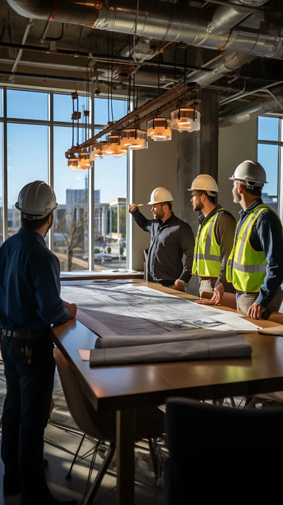 project-manager-leads-construction-team-meeting-with-plans-site-view-from-window